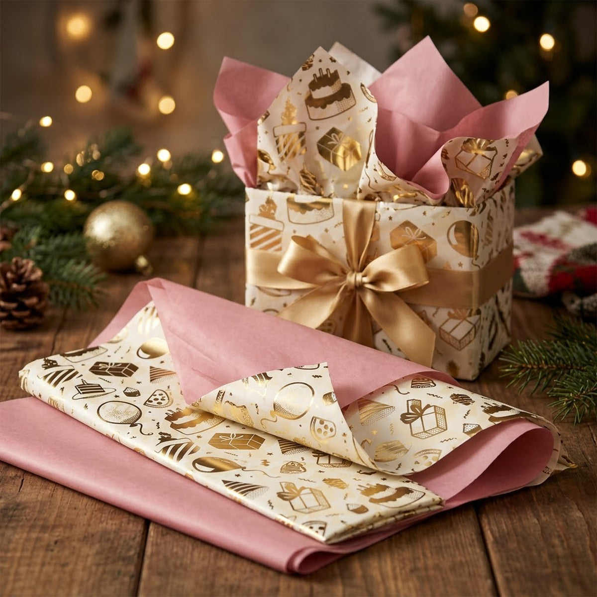 Pack of 8 Birthday Bliss Luxury Gold Foil Design & Plain Pink 50 x 70 cm Tissue Sheets - Girls, Cake, Celebration