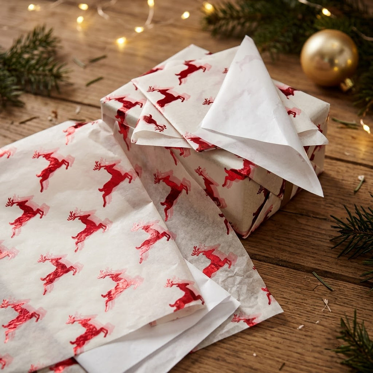 Pack of 5 Christmas Flying Reindeer Design 50 x 70 cm Luxury Red Foil Tissue Sheets