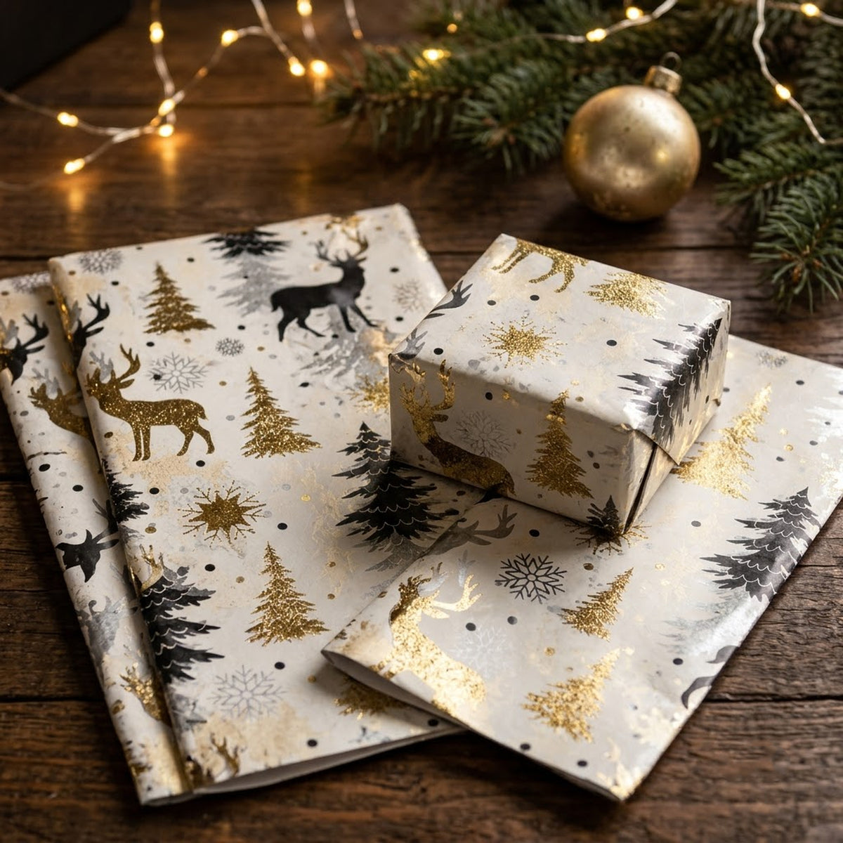Pack of 5 Woodland Christmas Wonder Design 50 x 70 cm Luxury Foil Tissue Sheets - Reindeer, Snowflakes, Trees