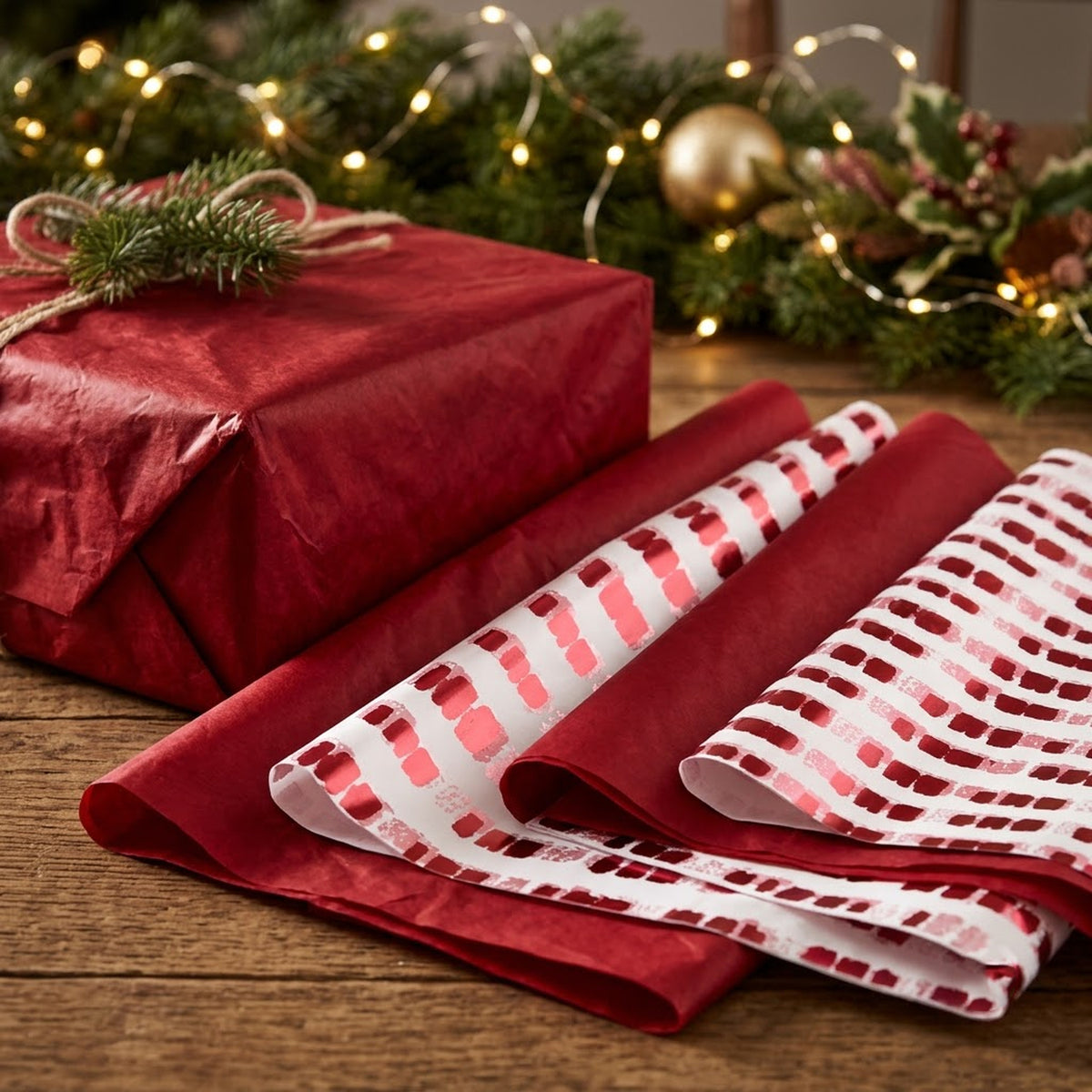 Pack of 8 Soft Dash Luxury Red Foil Design & Plain Red 50 x 70 cm Tissue Sheets - Christmas Valentine Wedding
