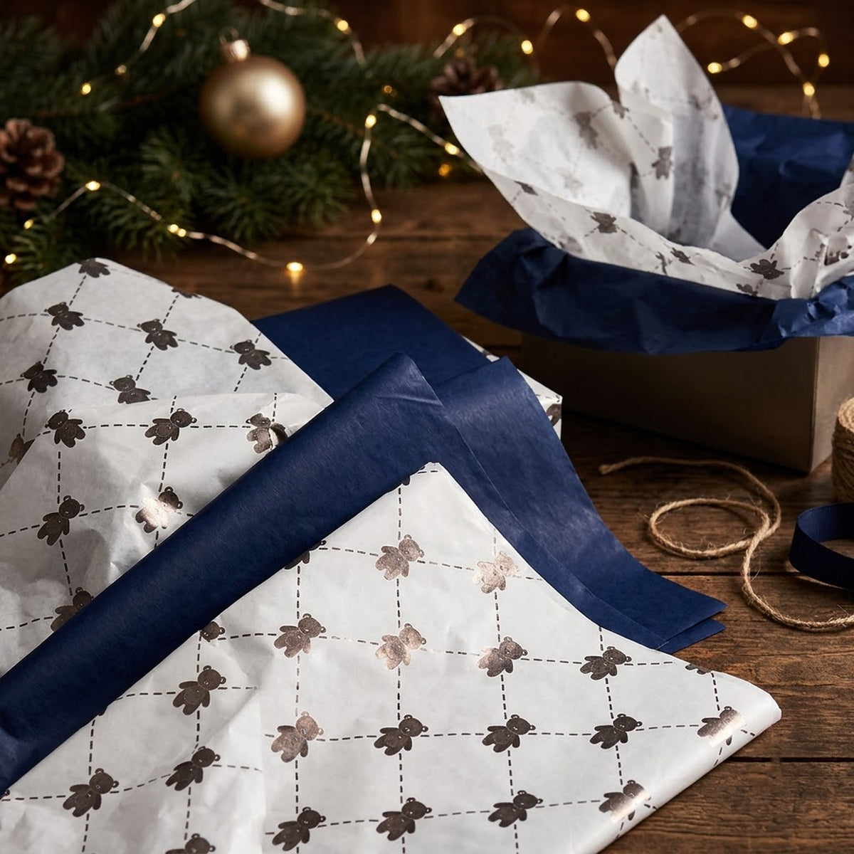 Pack of 8 Teddy Bear Luxury Gold Foil Design & Plain Navy Blue 50 x 70 cm Tissue Sheets - Birthday, Boys, Celebration