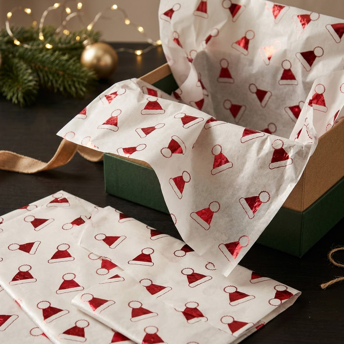 Pack of 5 Christmas Santa Hat Toss Design 50 x 70 cm Luxury Red Foil Tissue Sheets