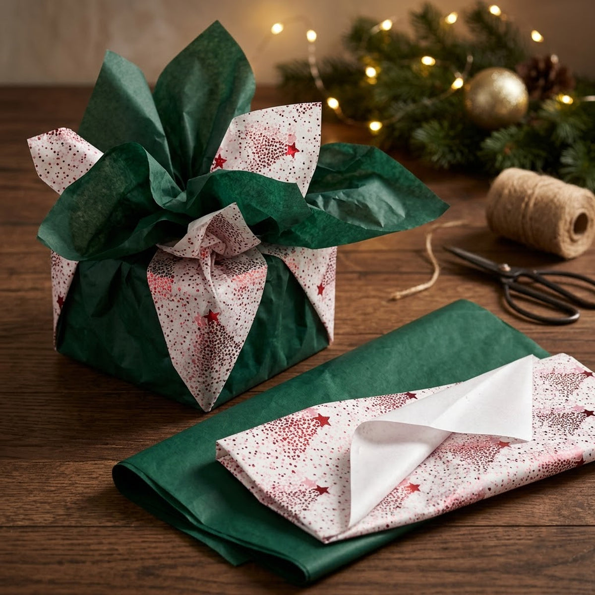 Pack of 8 Dotted Christmas Tree Luxury Red Foil Design & Plain Dark Green 50 x 70 cm Tissue Sheets