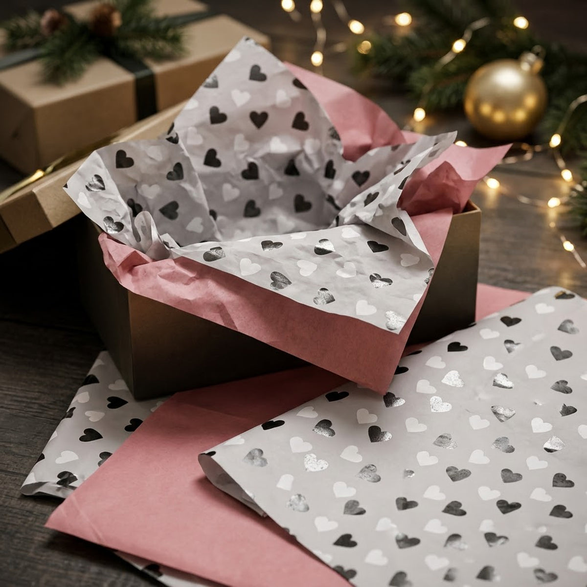 Pack of 8 Classic Hearts Luxury Foil Design & Plain Pink 50 x 70 cm Tissue Sheets - Valentine Romantic Gifting Birthdays Everyday Occasions