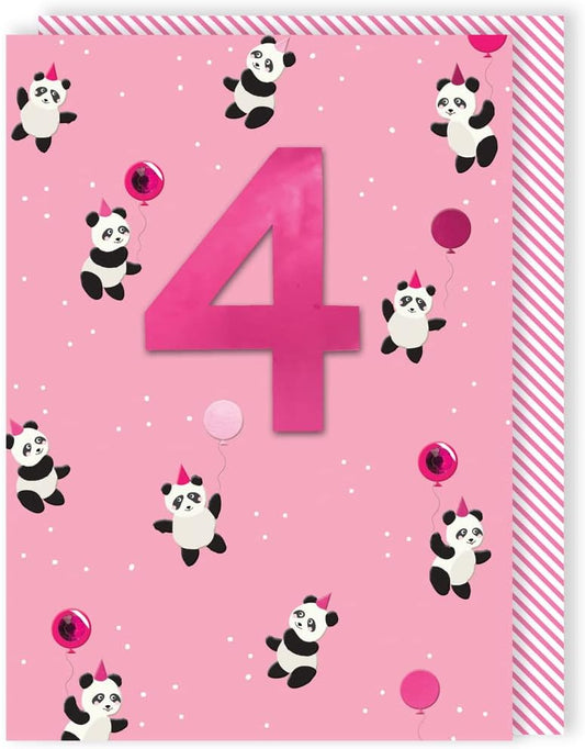 Party Pandas Embellished Girls 4th Birthday Card