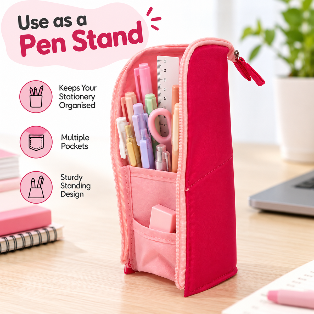 Pack of 12 Pink Standing Zip Pencil Cases 19.5 x 5 x 9cm