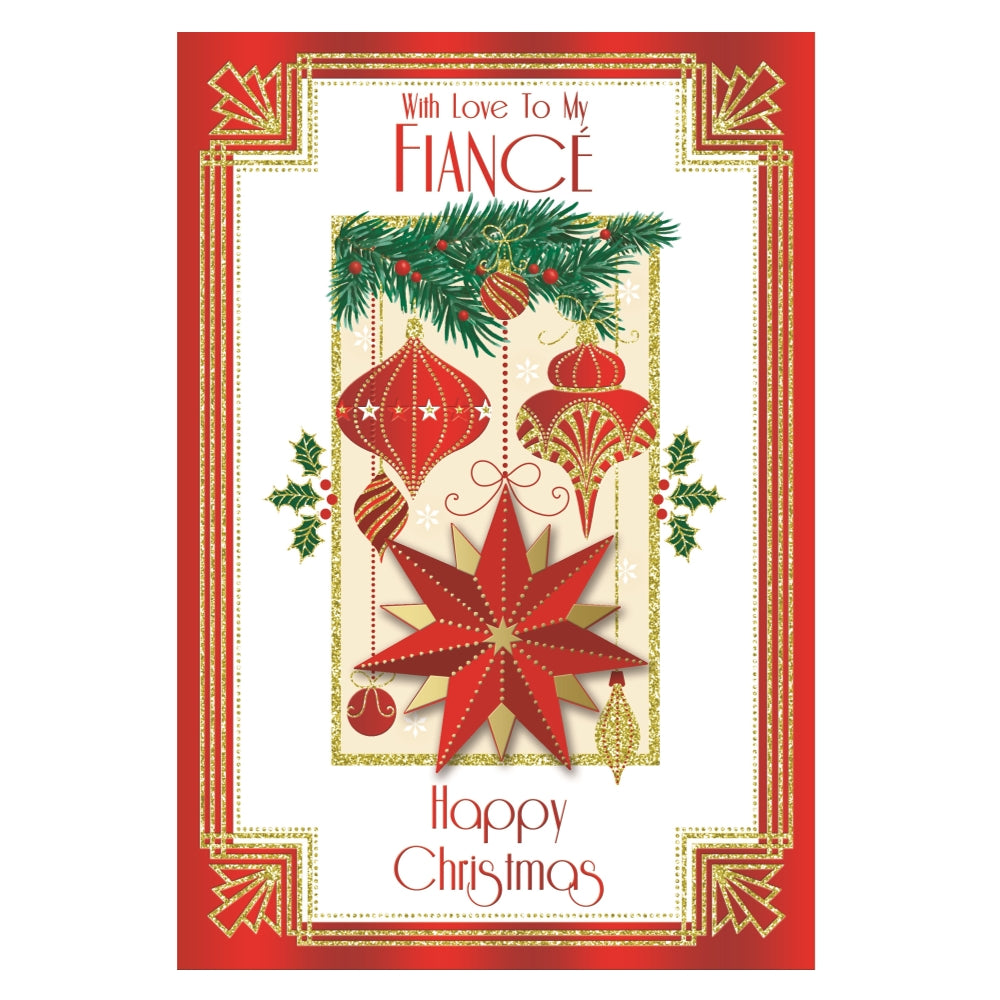 With Love to My Fiance Baubles and Star Design Christmas Card