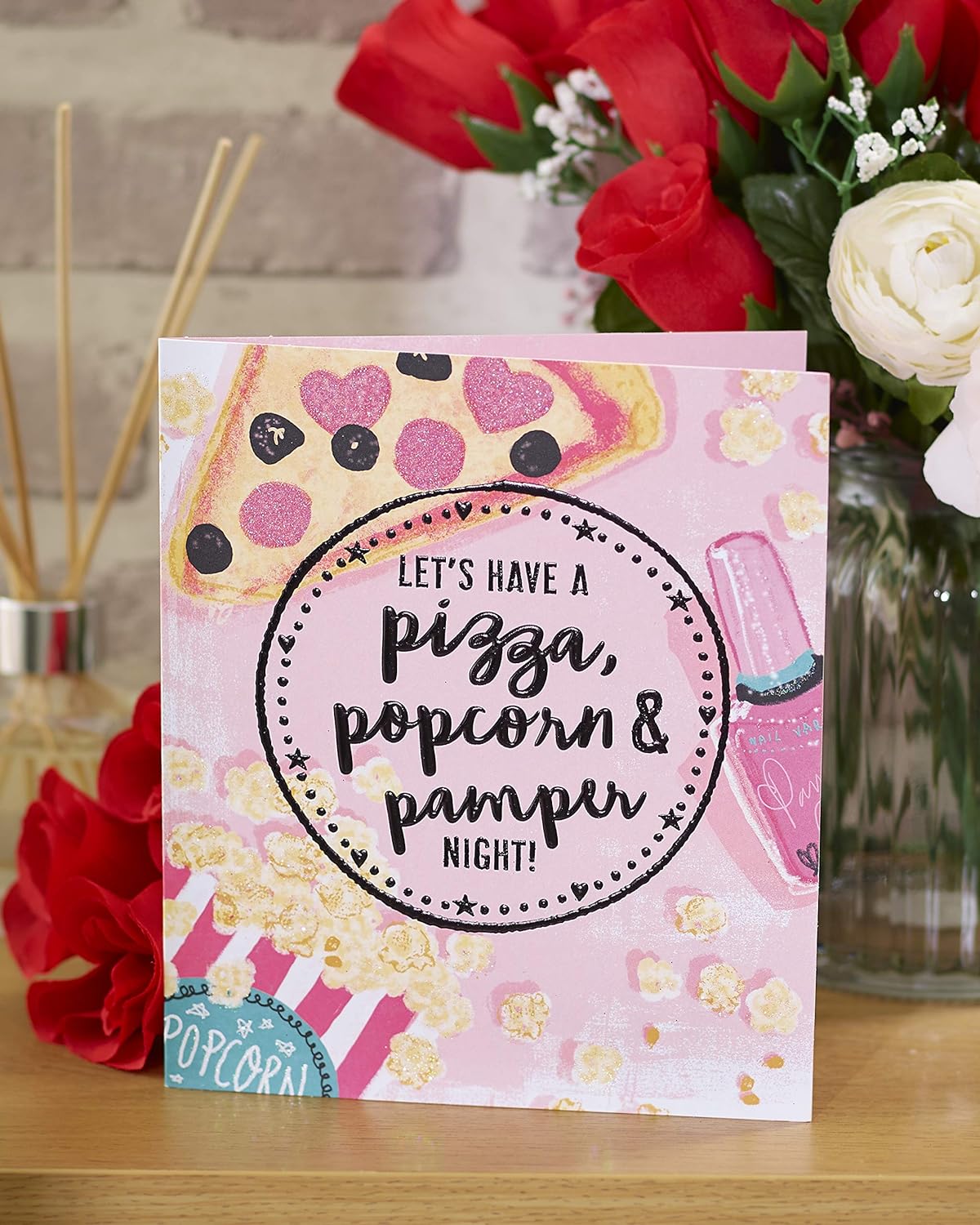 Pizza, Popcorn And Pamper Night Valentine's Day Card