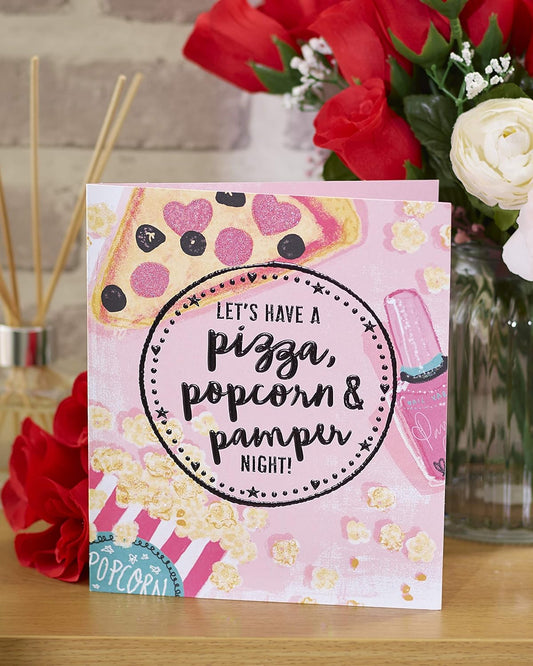 Pizza, Popcorn And Pamper Night Valentine's Day Card