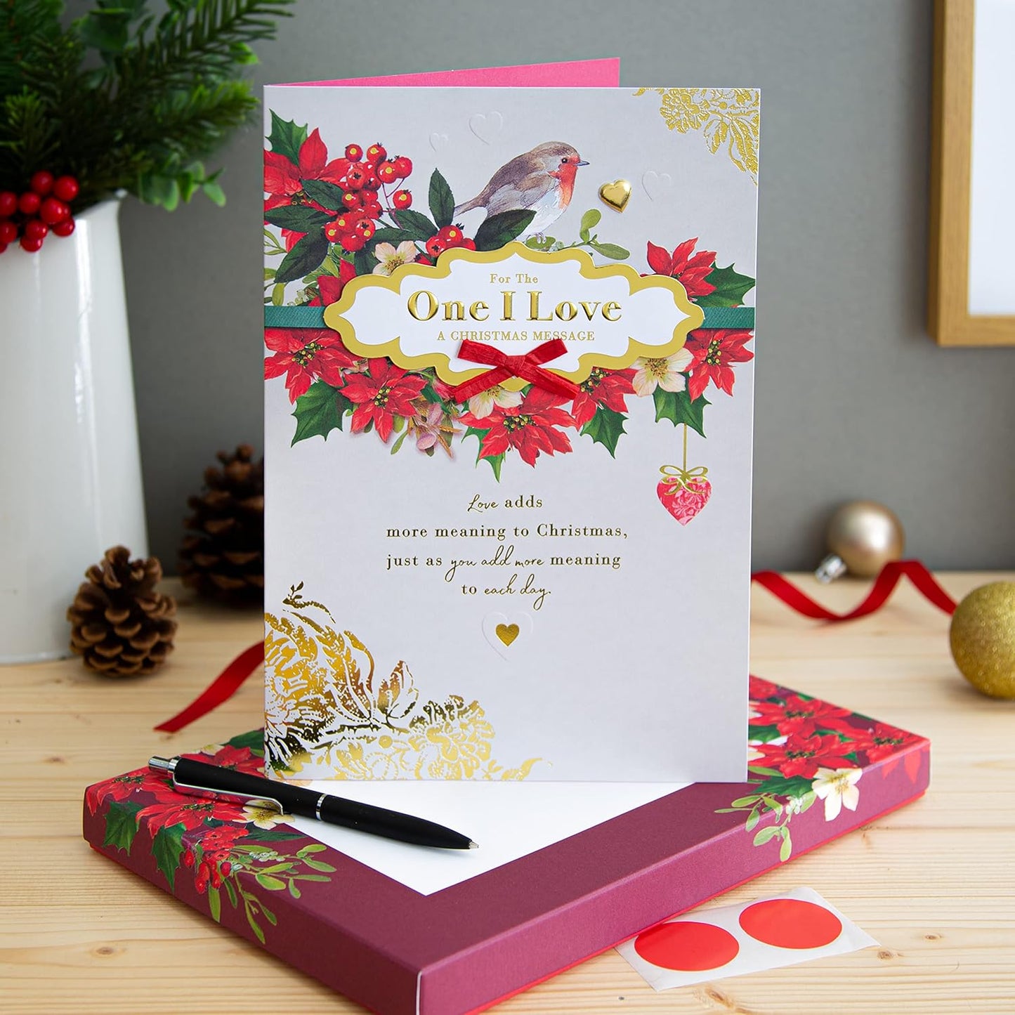 Traditional Robin and Foliage Design for One I Love Boxed Christmas Card