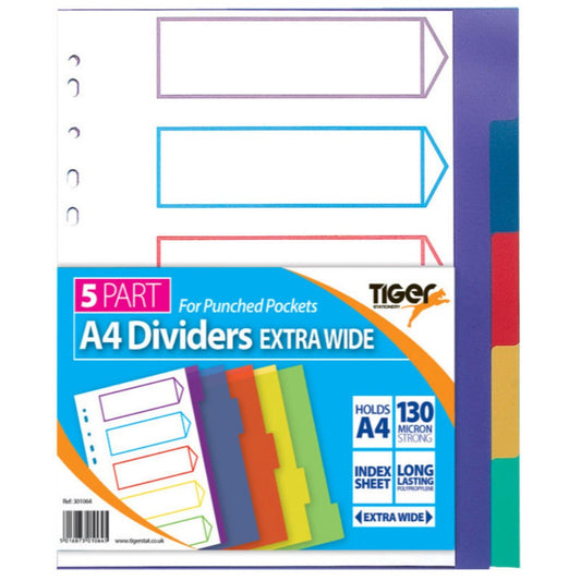 A4 5 Part Extra Wide Polypropylene Dividers with Punched Pockets