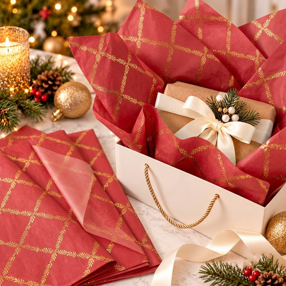 Pack of 5 Red Leaf Lattice Frame Design 50 x 70 cm Luxury Gold Foil Tissue Sheets - Christmas, Valentine