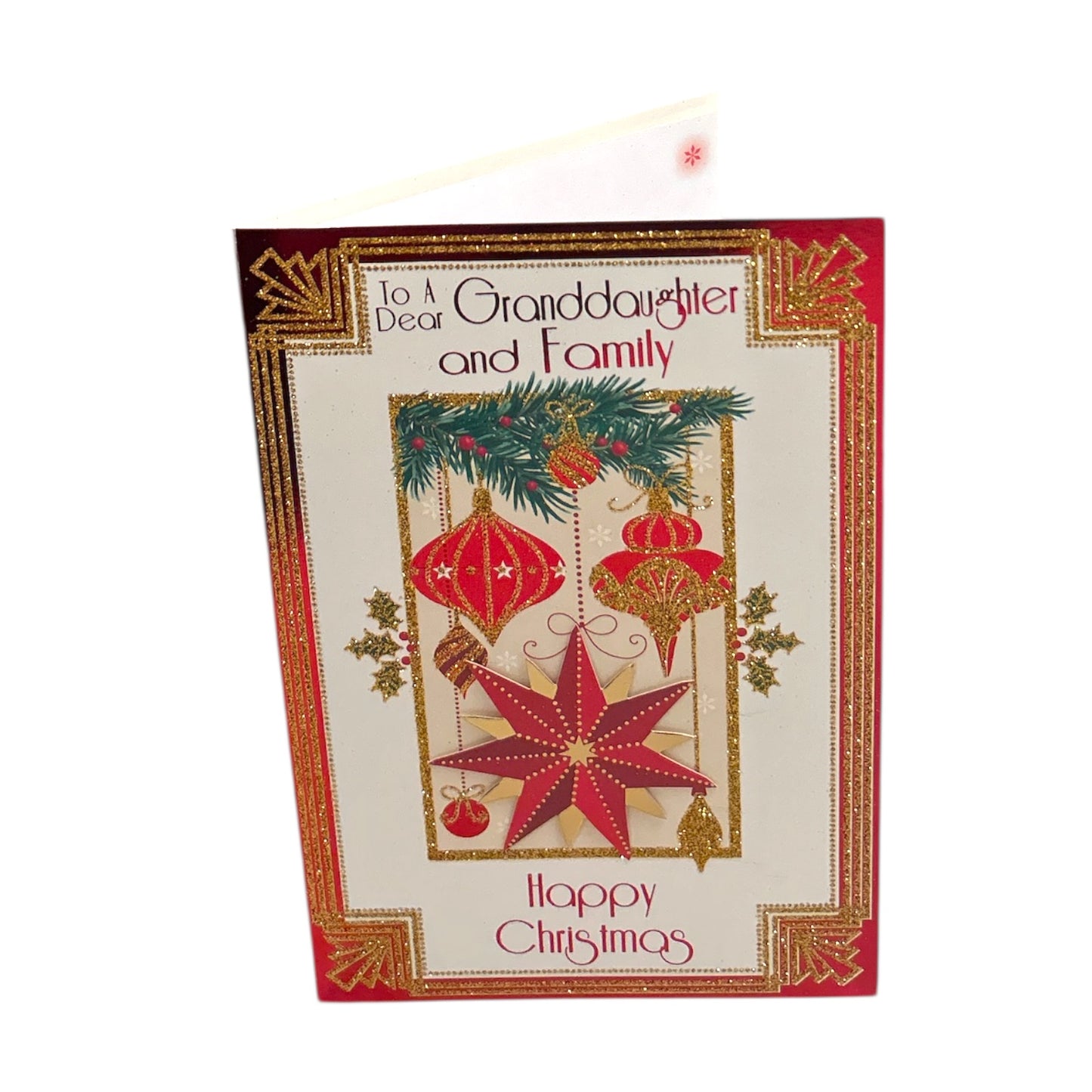 For Granddaughter & Family Red & Gold Ornament Christmas Card