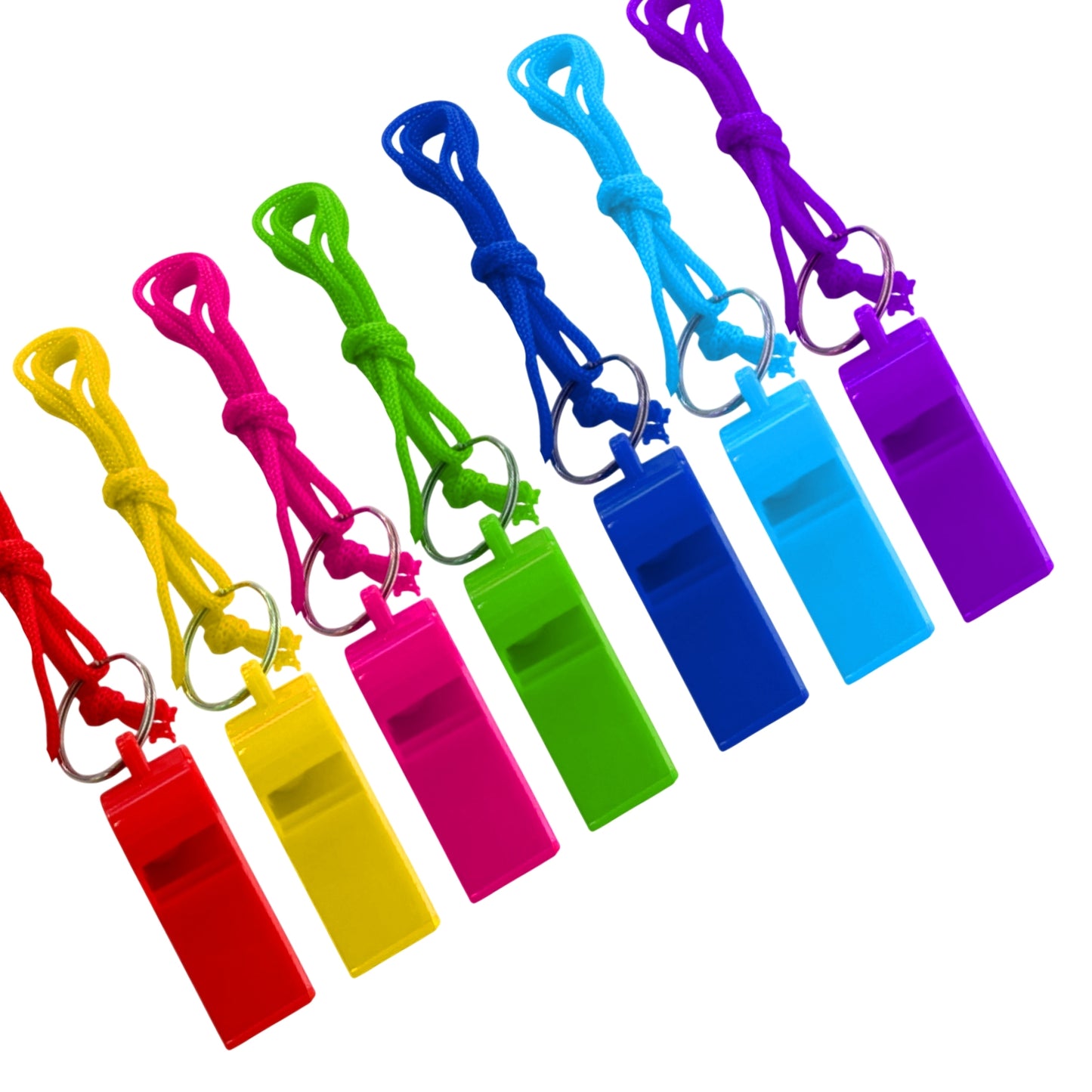 Pack of 100 Assorted Colour Whistles with Lanyards