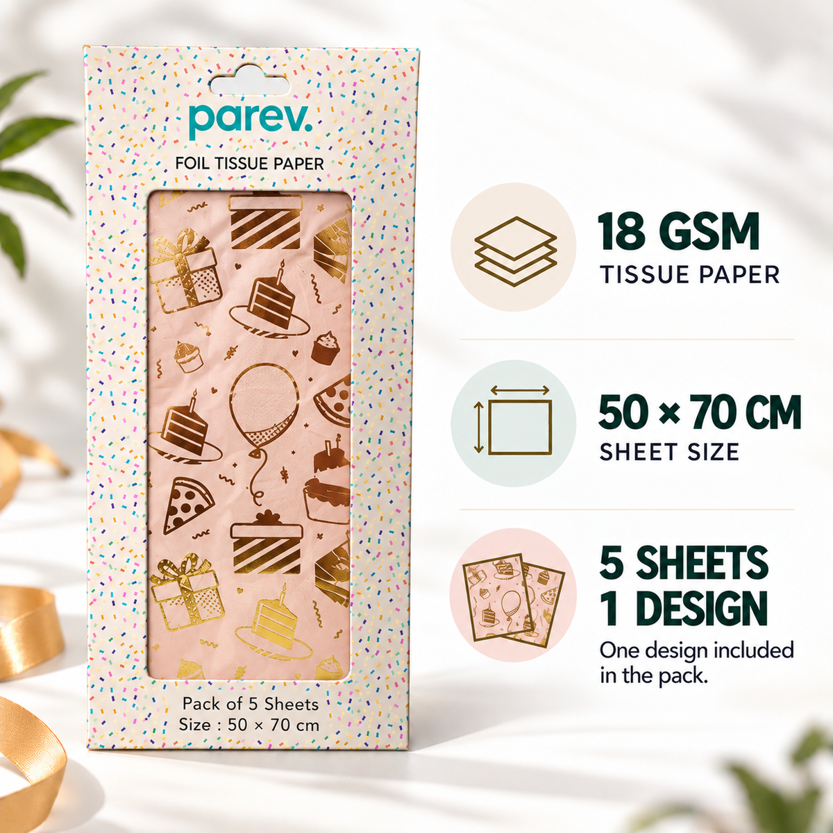 Pack of 5 Birthday Bliss Design 50 x 70 cm Luxury Gold Foil Tissue Sheets - Party, Gift, Cake, Celebration