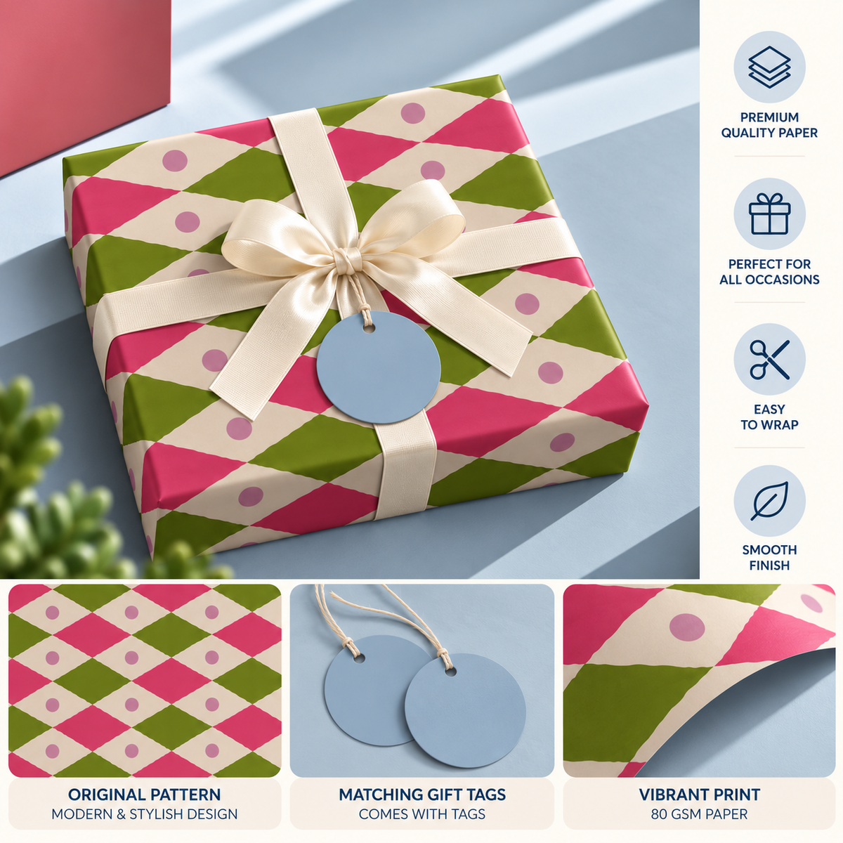 Pack of 2 Spring Diamonds Design 50 x 70 cm Gift Wrap Sheets with 2 Tags - Christmas Birthdays Kids Party Holiday Gifting