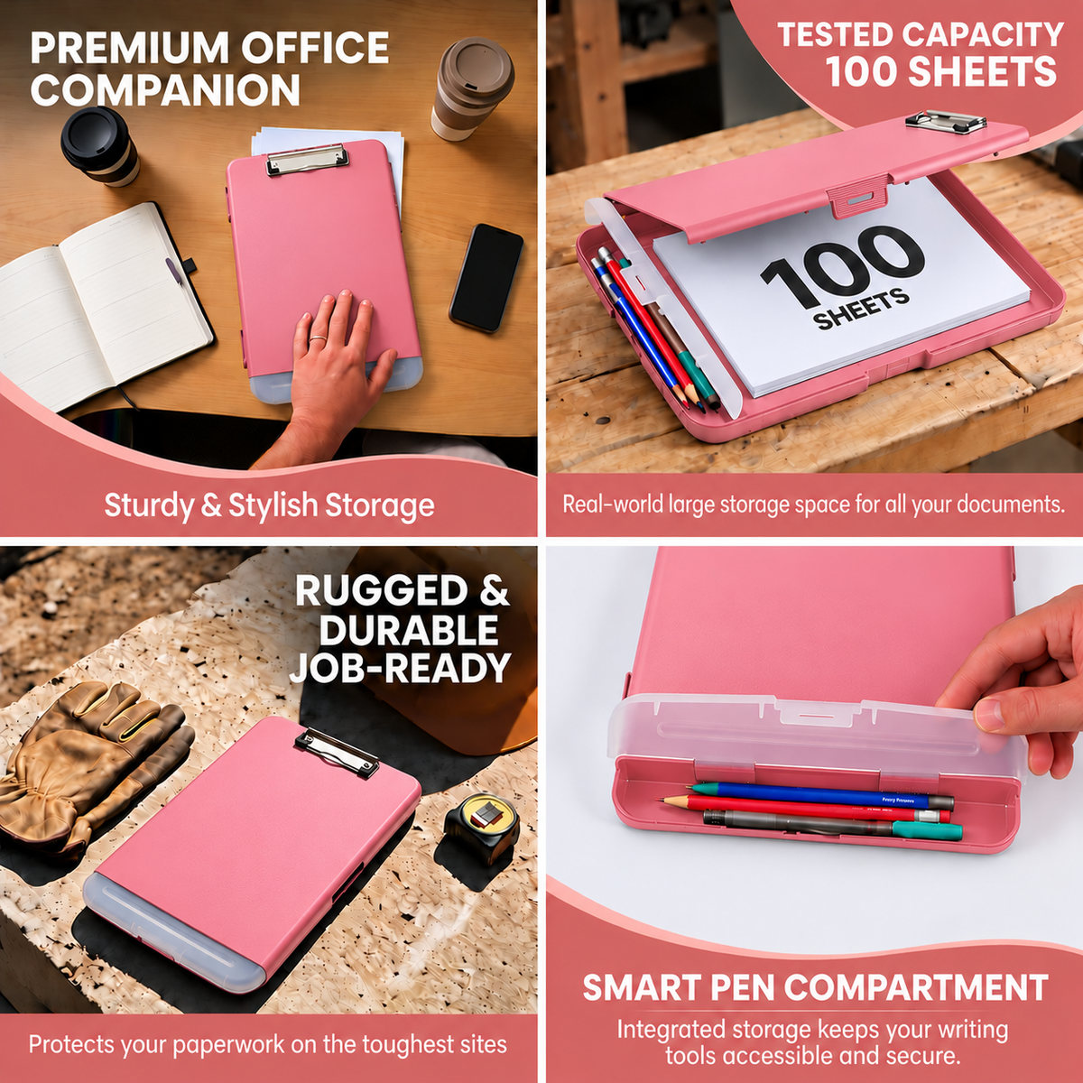 Pack of 12 A4 Pink Plastic Clipboard Box Files With Pencil Holder - Storage Filing Case