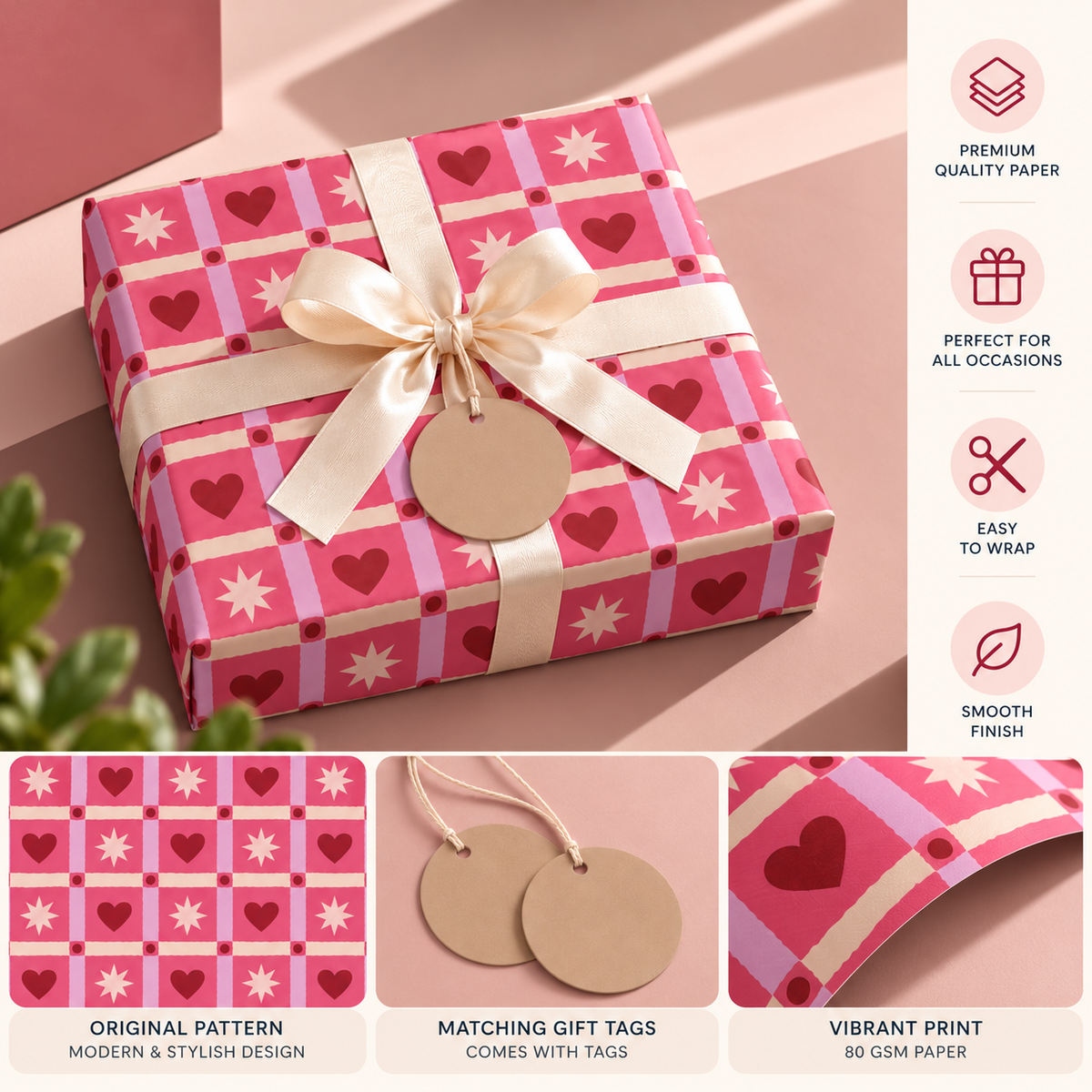 Pack of 2 Heart Quilts Design 50 x 70 cm Gift Wrap Sheets with 2 Tags - Valentine’s Day Christmas Romantic Occasions Birthdays