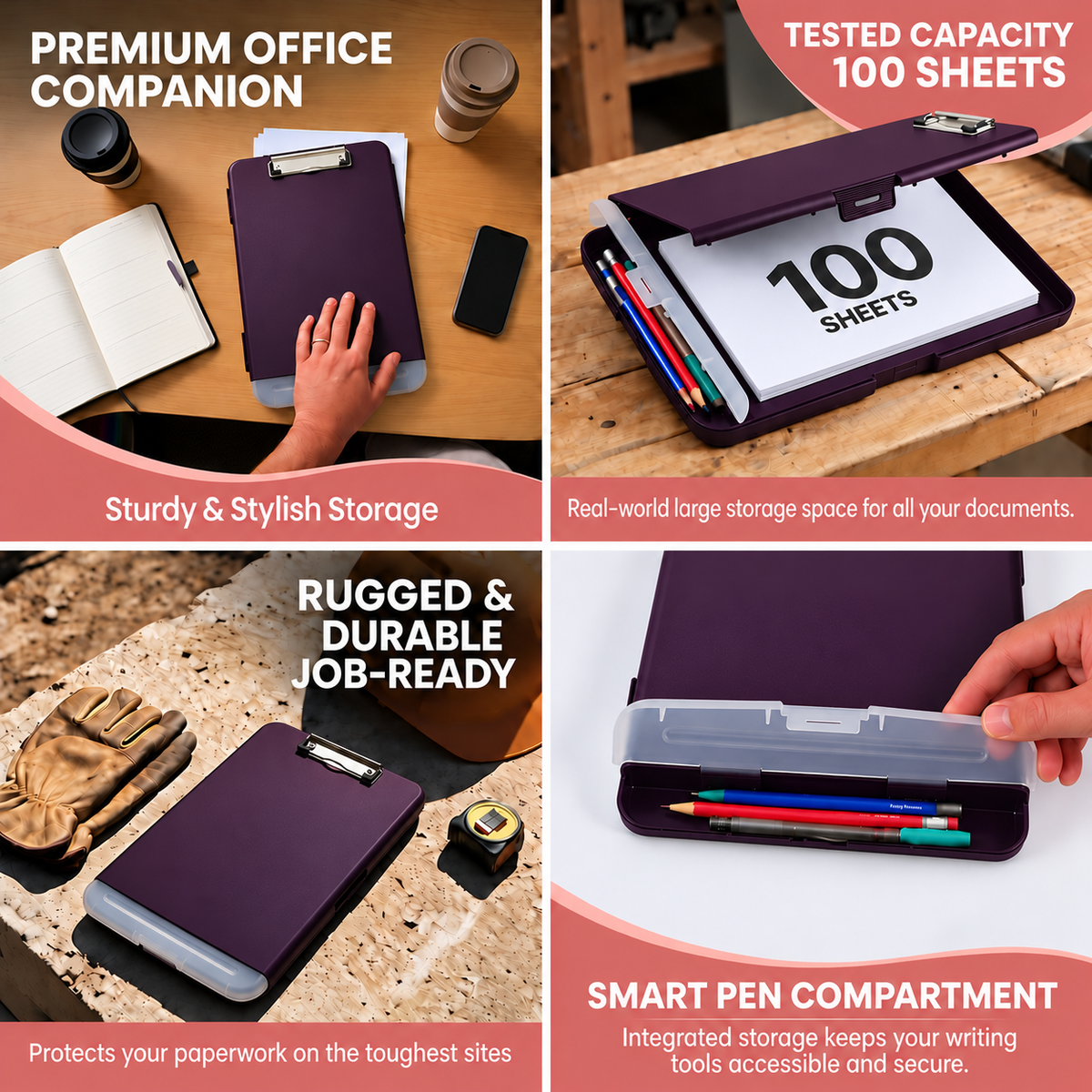 A4 Purple Plastic Clipboard Box File With Pencil Holder - Storage Filing Case