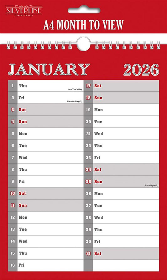 A4 Month To View Calendar 2026 – 297mm x 210mm