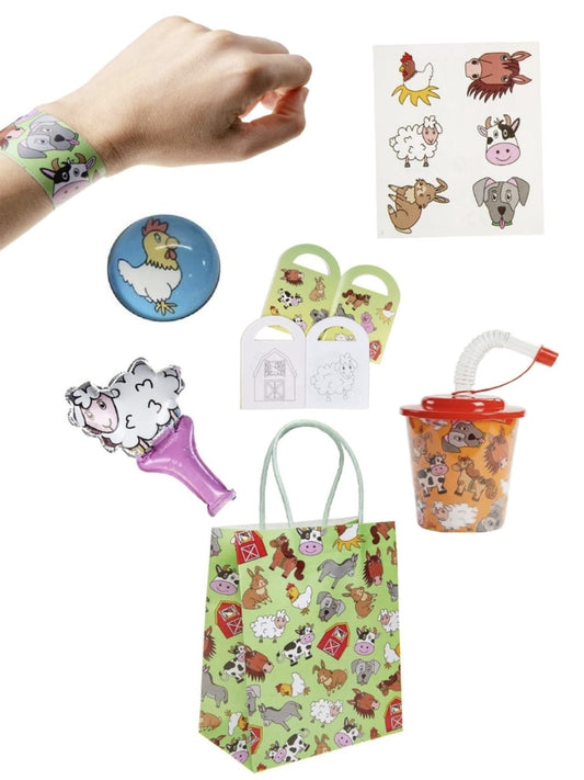 Pack of 10 Pre Filled Farm Animal Theme Kids Party Favour Bags – Gift Bags with Reusable Cup & Themed Toys