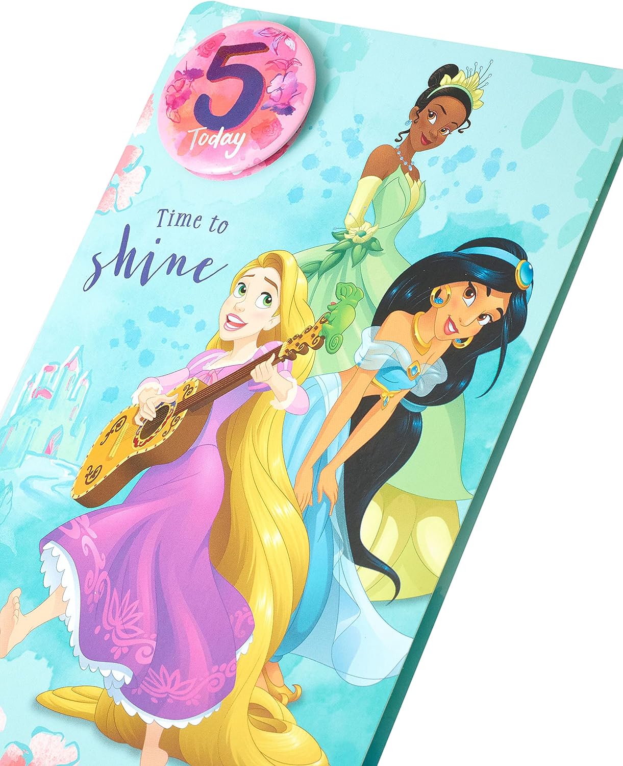 Time to Shine, Rapunzel, Tiana and Jasmine 5th Birthday Card with Badge