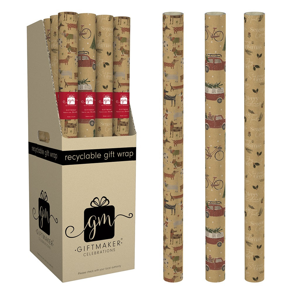 Pack of 3 Icon Mix Kraft Christmas Wrapping Paper Rolls 2m x 69cm
