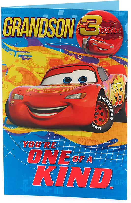 3 Today Disney Pixar Cars Grandson Birthday Card with Badge 