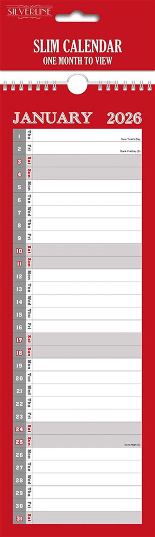 Slim Month To View Calendar 2026 – 143mm x 417mm
