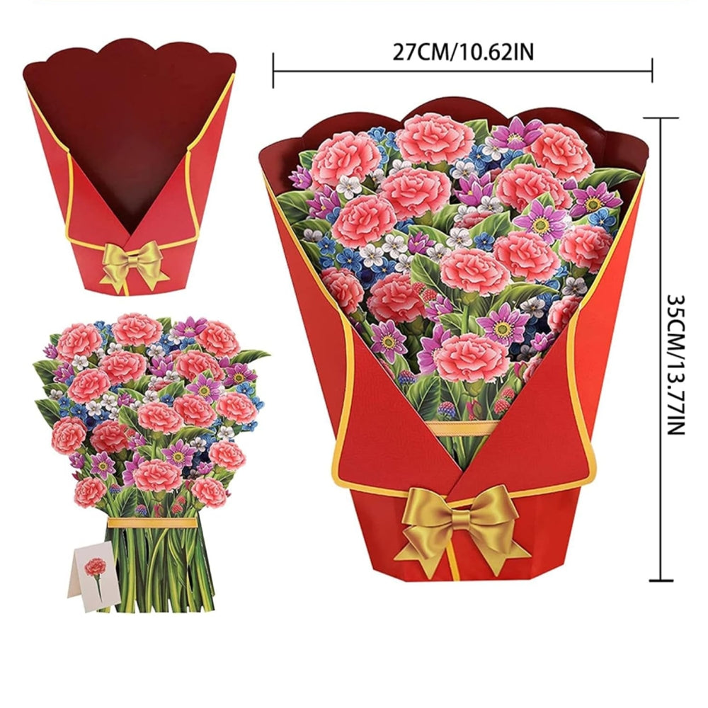 Carnation Bouquet Charm Red Wrap 3D Pop Up Greeting Card - Christmas Mother's Day Valentine's Day Wedding Anniversary
