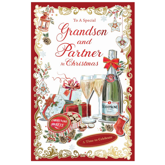 To a Special Grandson and Partner Elegant Christmas Celebration Card