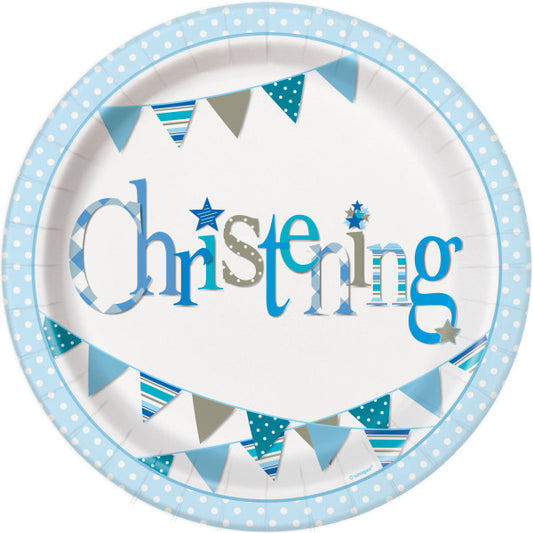 Pack of 8 Blue Bunting Christening Round 9" Dinner Plates