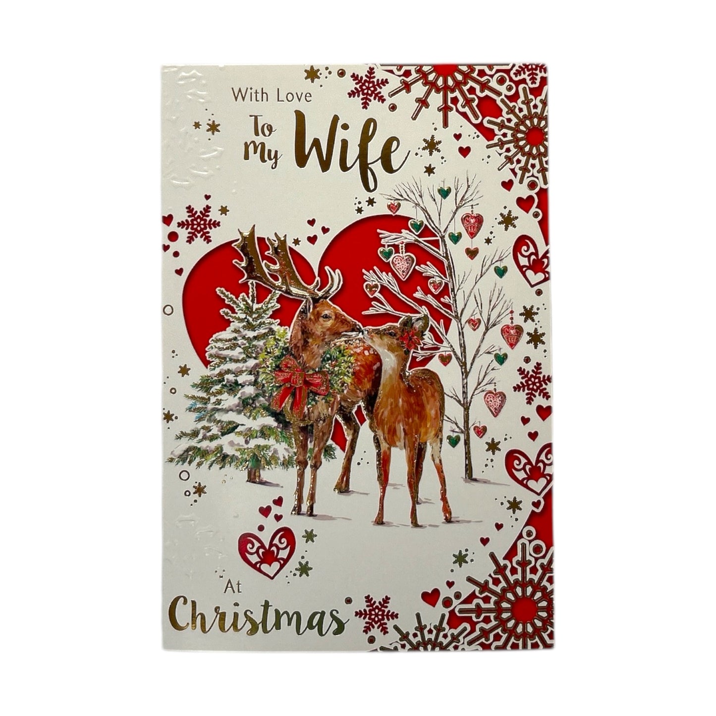 With Love to My Wife Lovely Reindeers Die Cut Heart Design Christmas Card