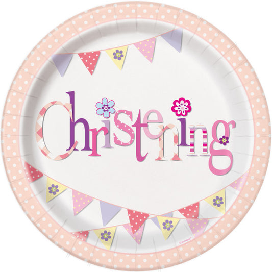 Pack of 8 Pink Bunting Christening Round 9" Dinner Plates