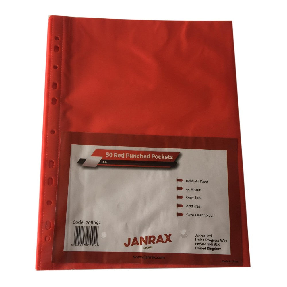 Pack of 50 A4 Red Punched Pockets by Janrax