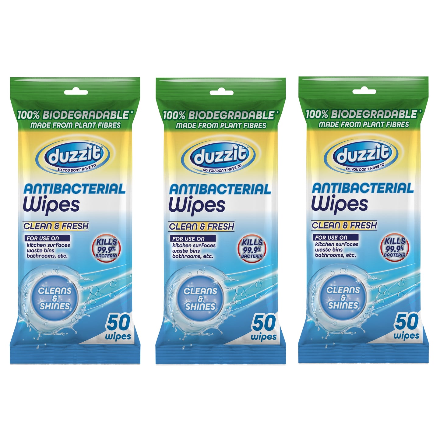 Pack of 150 Duzzit Biodegradable Antibacterial Clean And Fresh Wipes