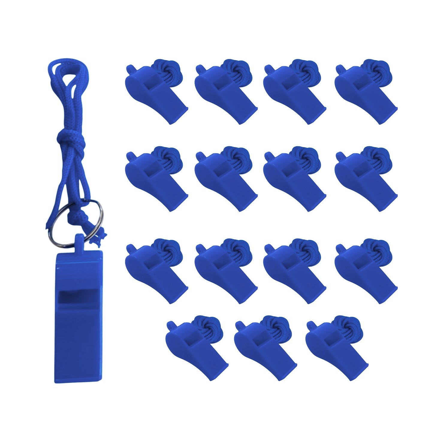 Pack of 100 Blue Plastic Whistles with Lanyard Neck Cord