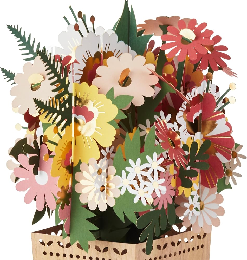 Bouquet of Flowers & Vase Wood Design 3D Pop Up Card Birthday Anniversary Get Well Soon