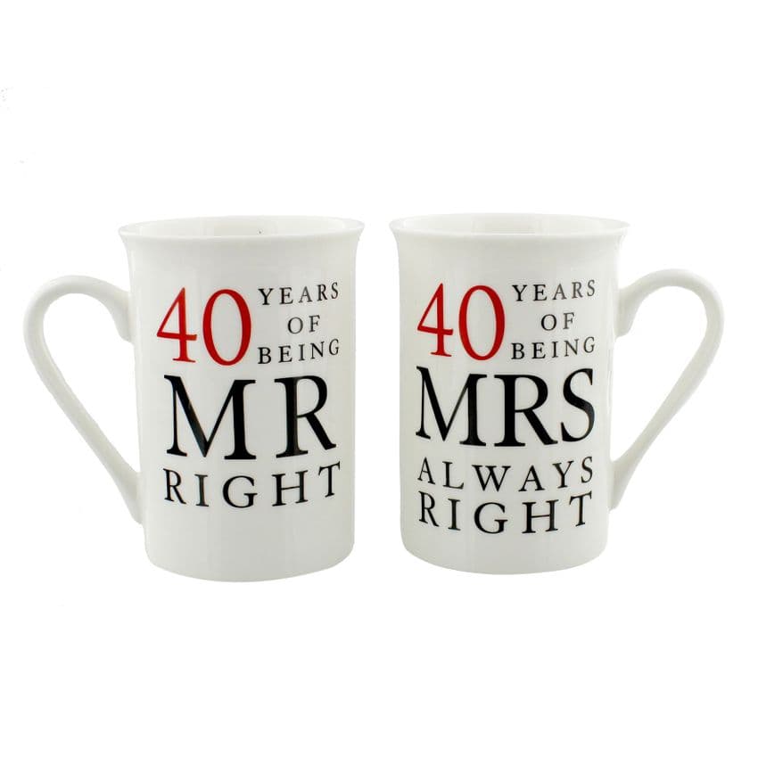 40th Anniversary Gift Set of 2 Mugs 'Mr Right & Mrs Always Right'