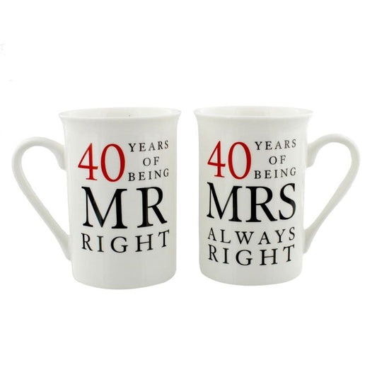 40th Anniversary Gift Set of 2 Mugs 'Mr Right & Mrs Always Right'