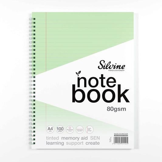 A4+ 100 Pages Twin Wire SEN Green Paper Dyslexia Notebook - Lined with Margin