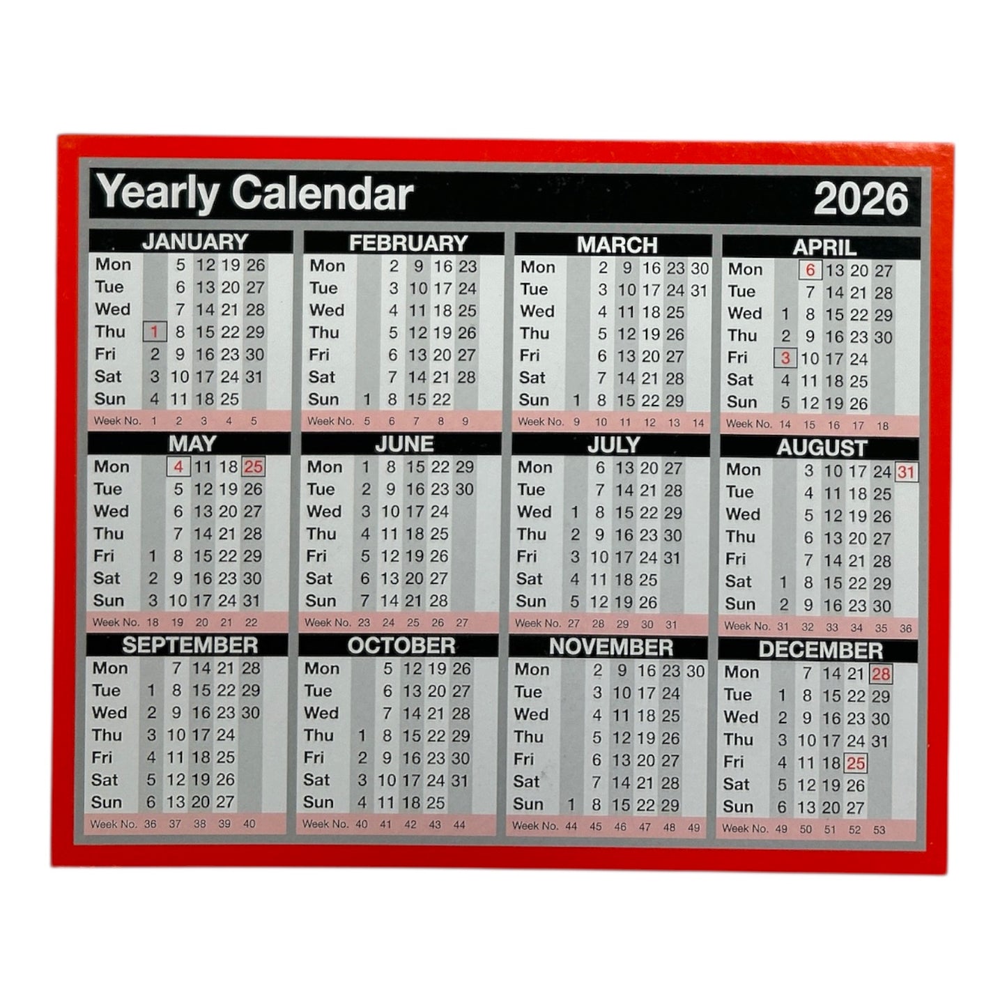 Year to View Calendar 2026 – Wall or Desk Mounted, 257 x 210mm
