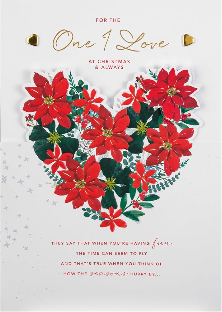 Traditional Illustrated Poinsettia Heart Design One I Love Luxury Boxed Christmas Card