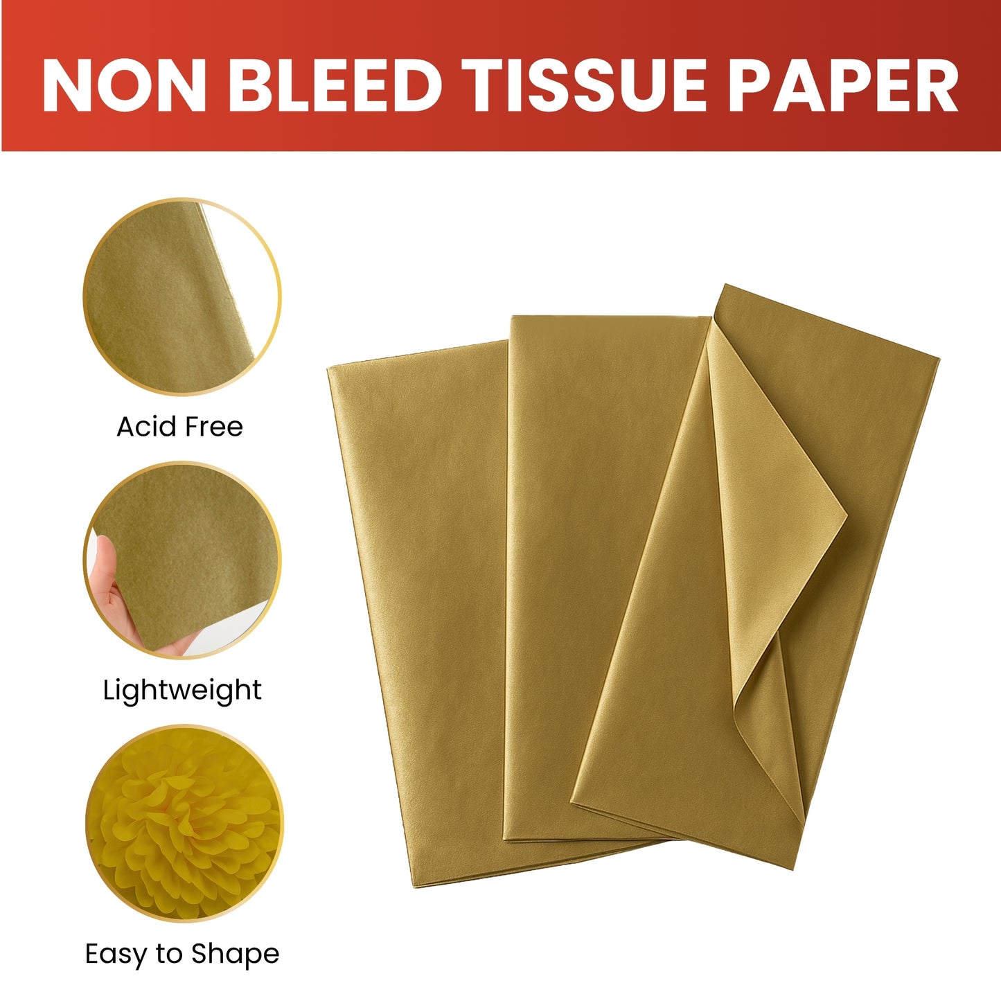 Pack of 10 Metallic Gold Acid Free 50 x 70cm Tissue Paper Sheets