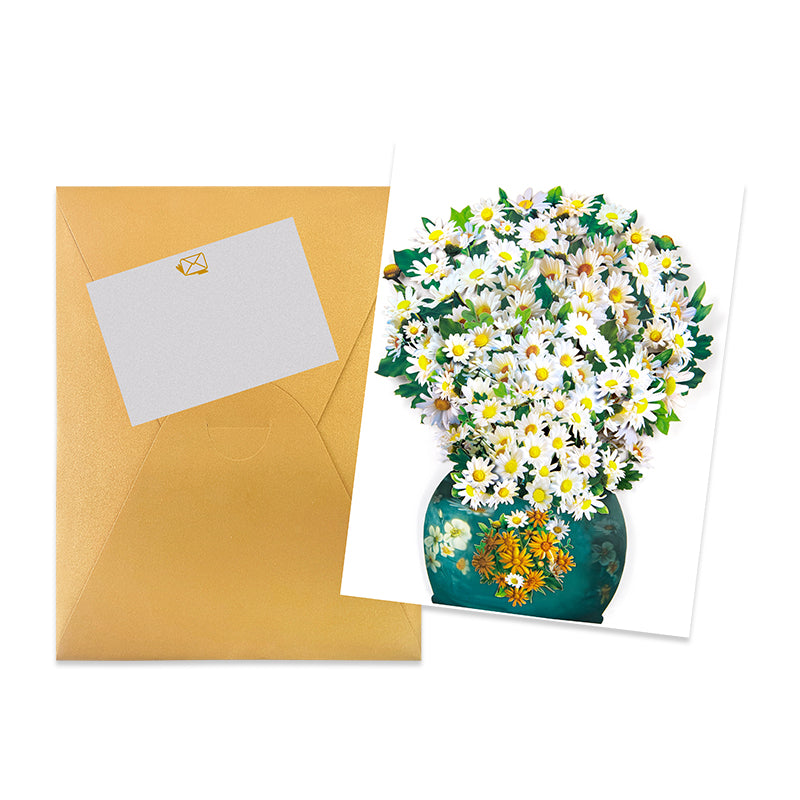 Golden Bloom White Daisy 3D Pop Up Vase Greeting Card - Birthday Anniversary Mother's Valentine's Day