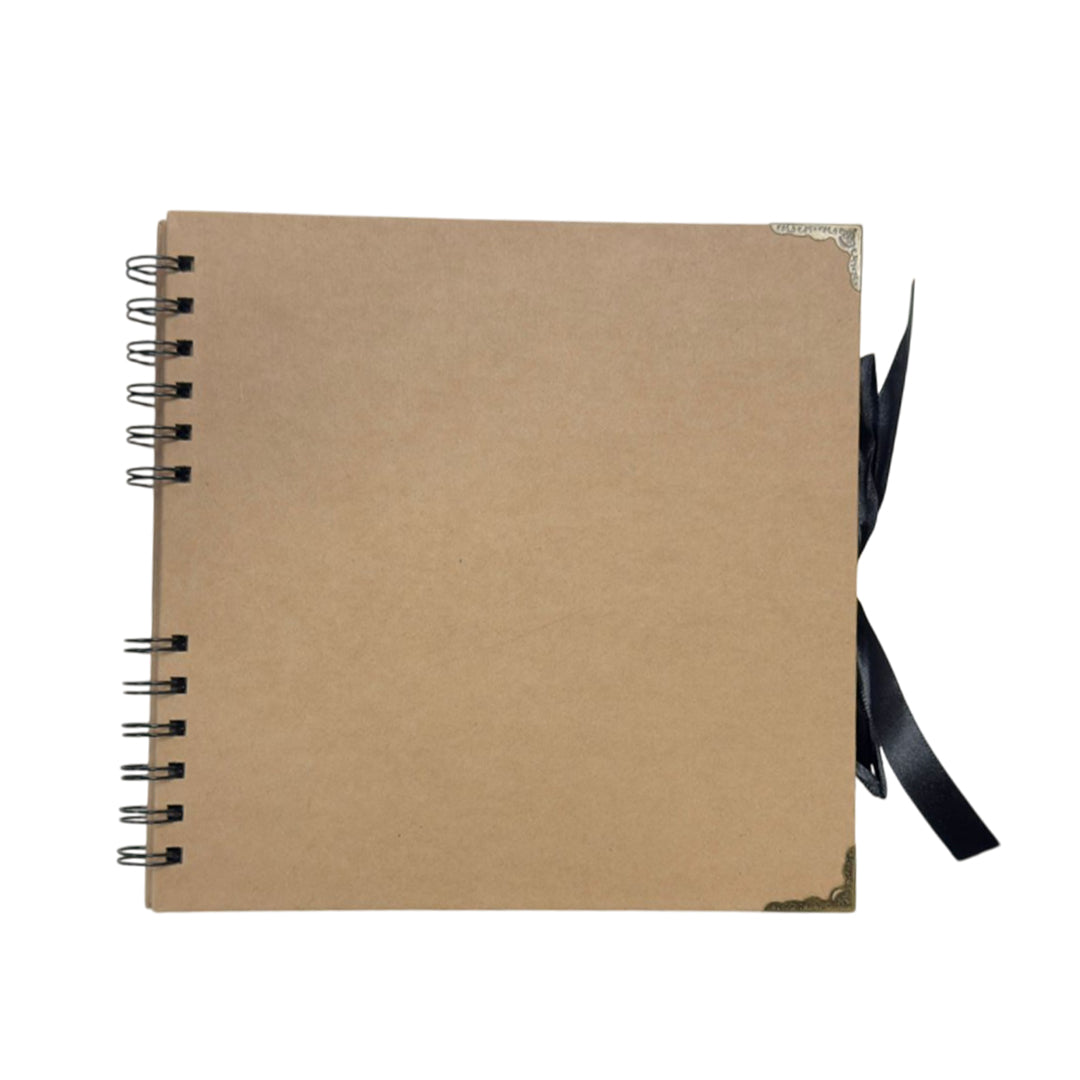 Pack of 12 Spiral Bound 180gsm Kraft Scrapbooks with Ribbon Closure and Metal Corners - 30 Sheets 20x20cm