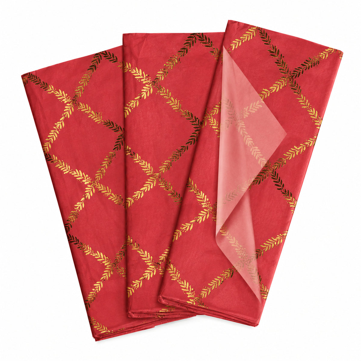 Pack of 5 Red Leaf Lattice Frame Design 50 x 70 cm Luxury Gold Foil Tissue Sheets - Christmas, Valentine