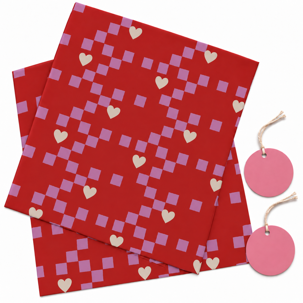 Pack of 2 Cupid Check Design 50 x 70 cm Gift Wrap Sheets with 2 Tags - Valentine’s Mother's Day Birthdays Everyday Celebrations