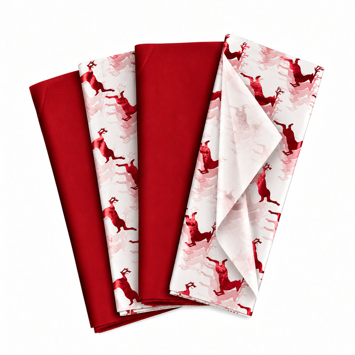 Pack of 8 Flying Reindeer Luxury Red Foil Design & Plain Red 50 x 70 cm Tissue Sheets - Christmas Winter Celebrations