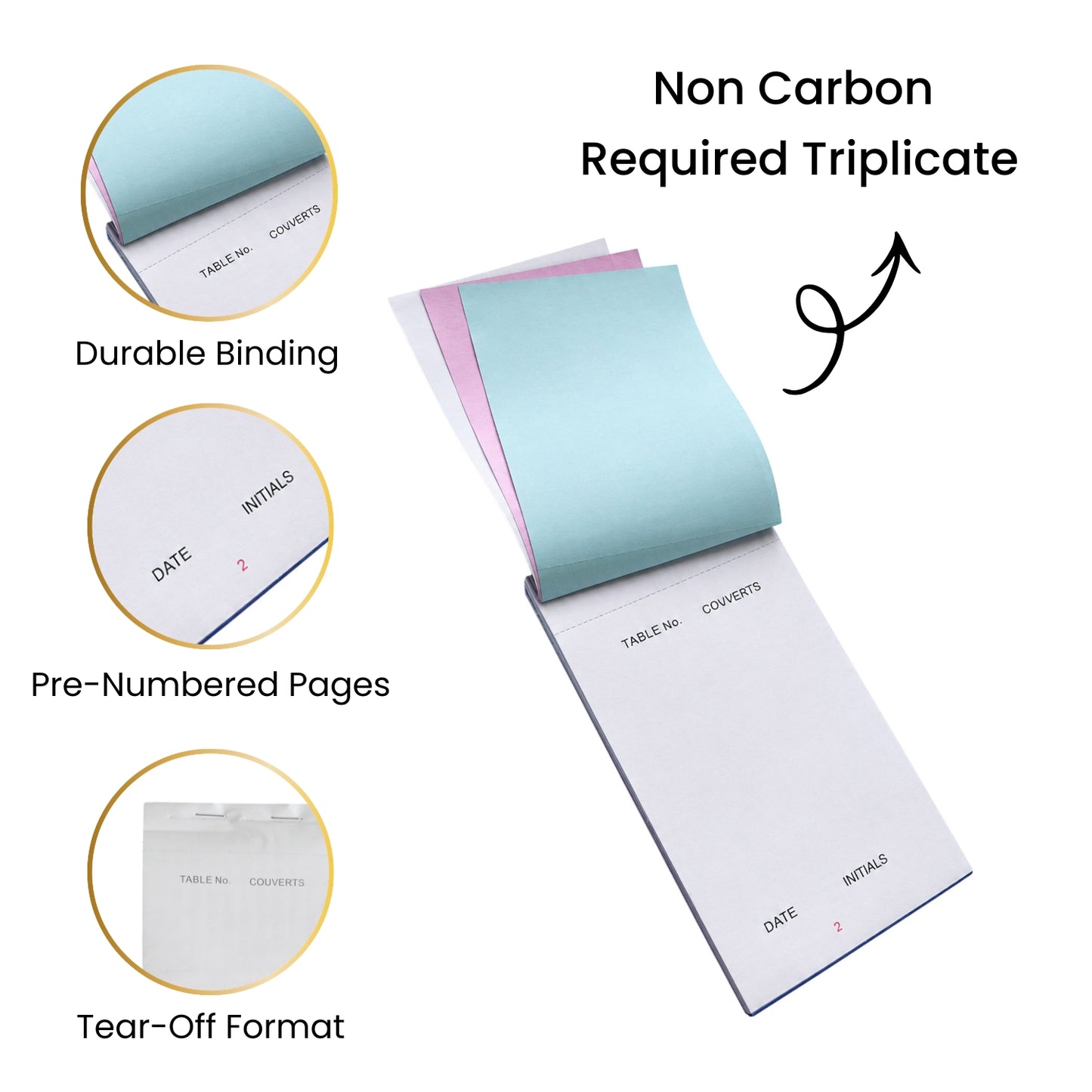 Pack of 10 95mm x 165mm White NCR Carbonless Triplicate Restaurant Service Pads